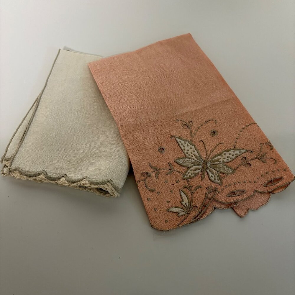 Embroidered Linen Tea Towels Peach Cream Scalloped Edges Butterfly Vintage Set 2